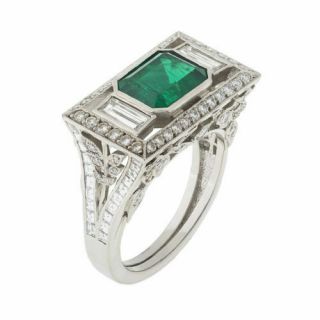 Vintage Art Deco 2.  46 Ct Emerald Diamond 14k White Gold Engagement Wedding Ring