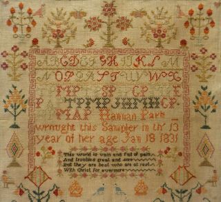 EARLY 19TH CENTURY RED HOUSE,  MOTIF & VERSE SAMPLER BY HANNAH PARK AGE 11 - 1831 10
