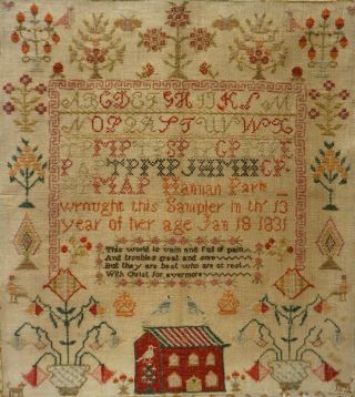 EARLY 19TH CENTURY RED HOUSE,  MOTIF & VERSE SAMPLER BY HANNAH PARK AGE 11 - 1831 11