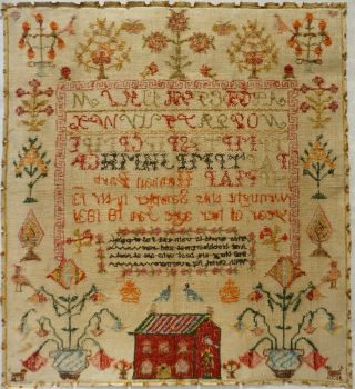 EARLY 19TH CENTURY RED HOUSE,  MOTIF & VERSE SAMPLER BY HANNAH PARK AGE 11 - 1831 12