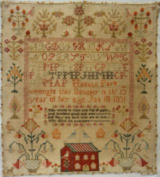 Early 19th Century Red House,  Motif & Verse Sampler By Hannah Park Age 11 - 1831