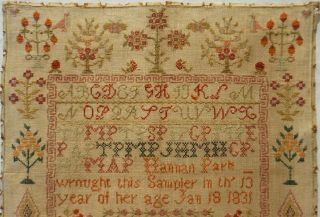 EARLY 19TH CENTURY RED HOUSE,  MOTIF & VERSE SAMPLER BY HANNAH PARK AGE 11 - 1831 2