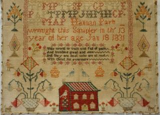EARLY 19TH CENTURY RED HOUSE,  MOTIF & VERSE SAMPLER BY HANNAH PARK AGE 11 - 1831 3