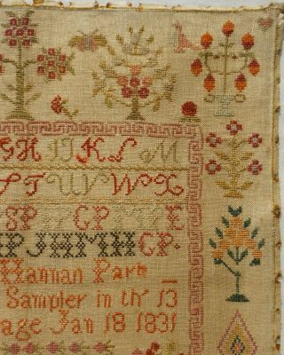 EARLY 19TH CENTURY RED HOUSE,  MOTIF & VERSE SAMPLER BY HANNAH PARK AGE 11 - 1831 5