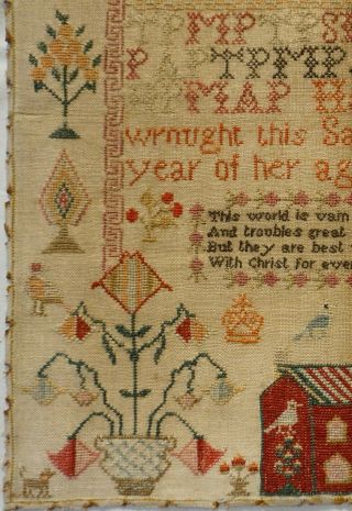 EARLY 19TH CENTURY RED HOUSE,  MOTIF & VERSE SAMPLER BY HANNAH PARK AGE 11 - 1831 6