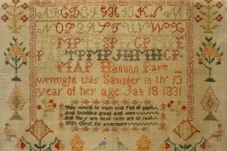 EARLY 19TH CENTURY RED HOUSE,  MOTIF & VERSE SAMPLER BY HANNAH PARK AGE 11 - 1831 8
