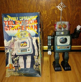 Vintage Tin Alps Battery Operated Television Spaceman Robot 1960s Japan