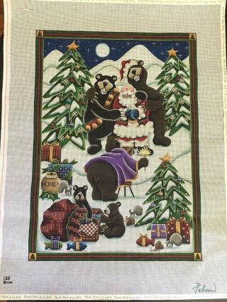 Rare XL Rebecca Wood Say Cheese 132 Needlepoint Hand - painted Canvas Santa Bears 2