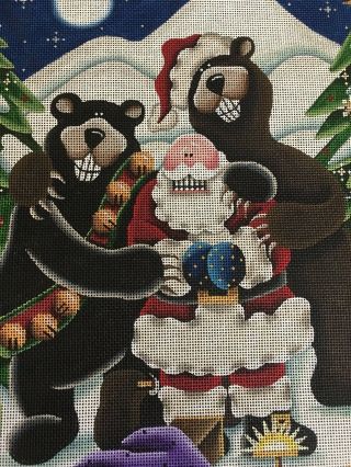Rare XL Rebecca Wood Say Cheese 132 Needlepoint Hand - painted Canvas Santa Bears 5