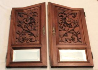 French Antique Carved Walnut Armoire/cabinet Doors W/beveled Mirrors