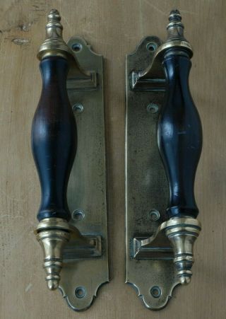 Pair Antique Pull Door Handles Brass Ebonised Hardwood Patina Vintage