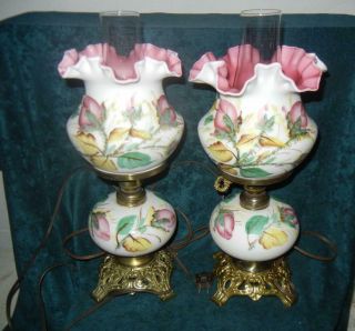 (2) Vintage L.  G.  Wright Fenton Peach Blow Moss Rose Table Lamps