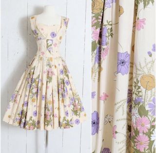 Vintage 1950s Carolyn Schnurer Floral Cotton Dress Women Size Small