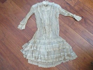 STUNNING Old Antique Victorian CHILD ' S GIRL DRESS Net Lace Sheer Fabric Ruffles 2