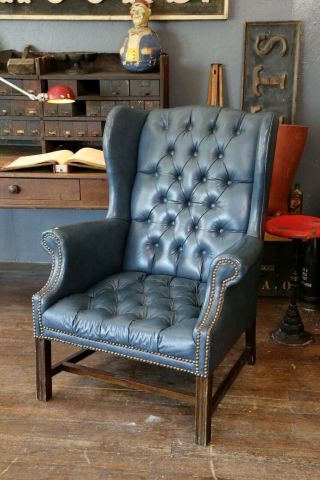 Vintage Chippendale Blue Wingback Chair Chesterfield Tufted Button Furniture Vtg