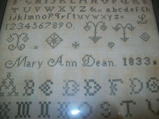 Antique Tapestry OLD Embroidery Sampler hand stitched 1833 Mary Ann Dean (age9) 10