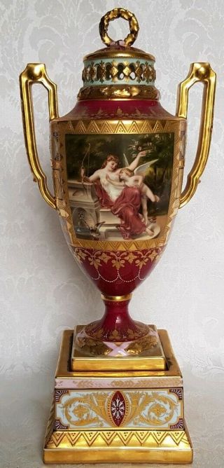 Royal Vienna Porcelain Vase/urn W/ Handles Flora & Amour Signed Museum Quality