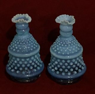 Vintage Fenton Hobnail Opaque Baby Blue Art Glass Lamp Shade/base Ruffled Pair