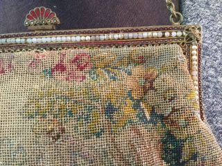 Antique Tapestry purse evening bag w Figures Roses & Frame w Enamel faux Pearls 2