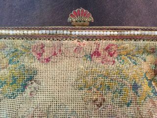 Antique Tapestry purse evening bag w Figures Roses & Frame w Enamel faux Pearls 3