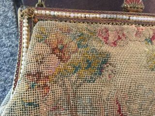 Antique Tapestry purse evening bag w Figures Roses & Frame w Enamel faux Pearls 4