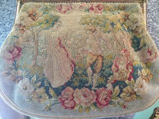 Antique Tapestry purse evening bag w Figures Roses & Frame w Enamel faux Pearls 5