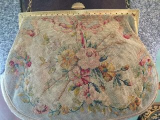 Antique Tapestry purse evening bag w Figures Roses & Frame w Enamel faux Pearls 7