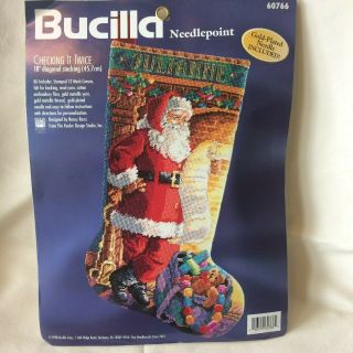 1998 Vintage Bucilla Needlepoint Checking It Twice Christmas Stocking Kit 60766