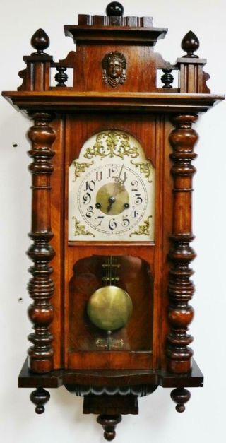 Small Antique German Carved Walnut 8 Day Striking Vienna Wall Clock