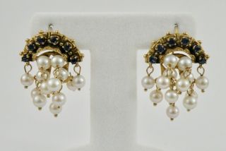 Antique Victorian Solid 14k Gold Sapphire Pearl Chandelier Earrings