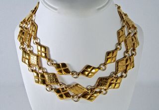 Vintag Chanel Gold Tone Quilted Beads W/chanel Logo 3 Row Chocker Necklace 16” L