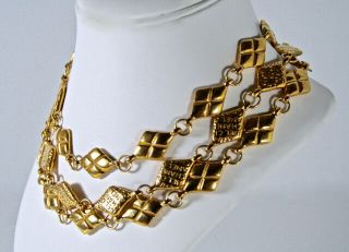 Vintag CHANEL Gold Tone Quilted Beads w/CHANEL Logo 3 Row Chocker Necklace 16” L 2