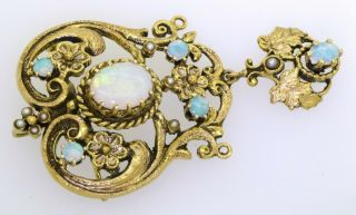 Vintage heavy 14K gold elegant 3.  0CT opal & pearl hinged brooch/pendant 2