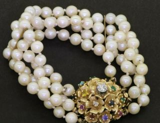 Vintage 14k 1.  57ctw Diamond Sapphire Ruby Emerald 5.  4mm Pearl 4 - Strand Bracelet