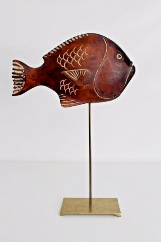 Sarreid Ltd Vtg Mid Century Modern Wood Brass Fish Sculpture
