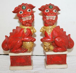 Vintage Antique Chinese Red Ceramic Hand Painted Foo Dog Statues Figurines 9 " H