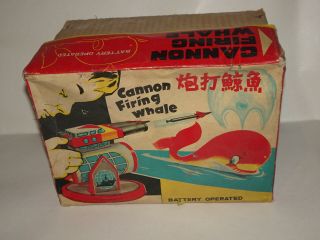 Red China Cannon Firing Whale Battery Operated Vintage Tin Toy
