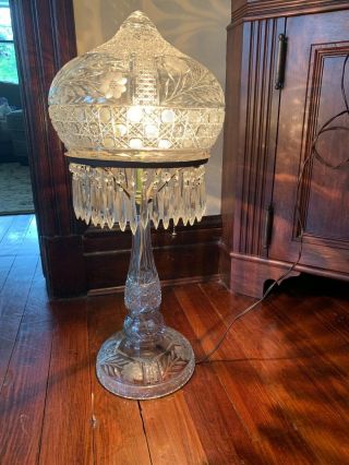 Large Antique Brilliant Crystal Hand Cut Glass Table Lamp