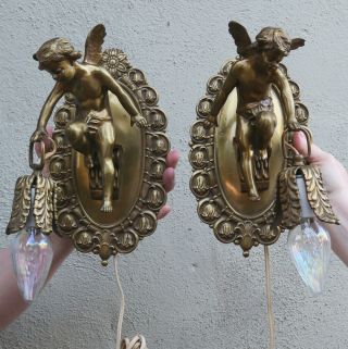 Reserved Pr Vintage Gilt Bronze French Italian Cherub Sconce Lamp Brass