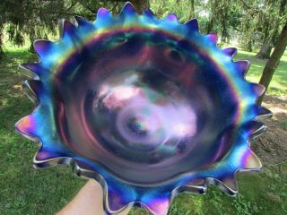 Northwood PEACOCK AT THE FTN ANTIQUE CARNIVAL GLASS FTD FRUIT BOWL ELECTRIC BLUE 11