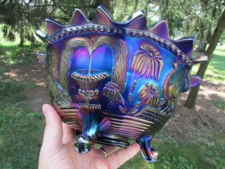 Northwood PEACOCK AT THE FTN ANTIQUE CARNIVAL GLASS FTD FRUIT BOWL ELECTRIC BLUE 12