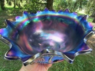 Northwood PEACOCK AT THE FTN ANTIQUE CARNIVAL GLASS FTD FRUIT BOWL ELECTRIC BLUE 5