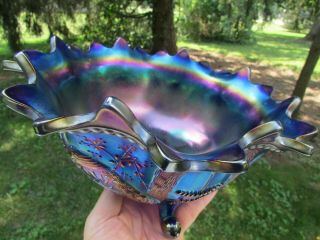 Northwood PEACOCK AT THE FTN ANTIQUE CARNIVAL GLASS FTD FRUIT BOWL ELECTRIC BLUE 6