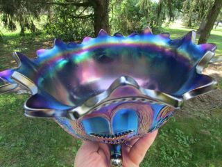 Northwood PEACOCK AT THE FTN ANTIQUE CARNIVAL GLASS FTD FRUIT BOWL ELECTRIC BLUE 7