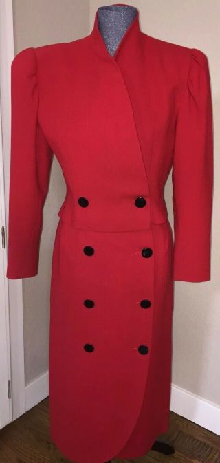 Vintage Ilie Wacs Montaldo’s Red 2 - Piece Dress Skirt Suit Size 8 Great Buttons