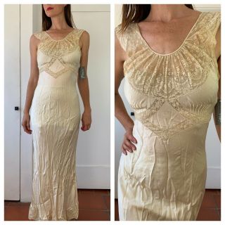 Wedding Lace 1930s Ivory White Silk Satin 30s Bias Cut Vtg Maxi Gown Dress Xs/s