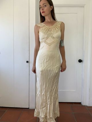 WEDDING LACE 1930s Ivory White Silk Satin 30s Bias Cut Vtg Maxi Gown Dress XS/S 3