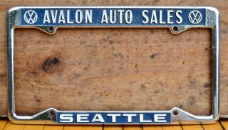 Vtg 60s Metal License Dealer Plate Frame Avalon Auto Volkswagen Seattle Emb