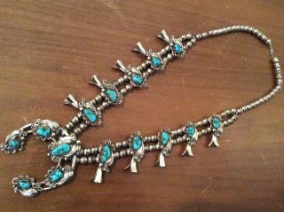 Vintage R.  Tom Sterling Silver Native American Turquoise Squash Blossom Necklace
