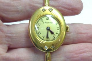 Vintage Mid 1930 S 18 Kt Yg Studio Ladies Deco Wristwatch Rose Cut Dias I - 4792